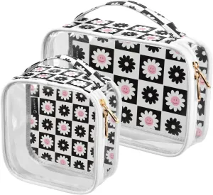 Black_white_daisy_pattern 2 Pieces Clear Makeup Cosmetic Bags for Traveling Vacation Organizing, Toiletry Bags for Women Men, PVC Waterproof Travel Organizer