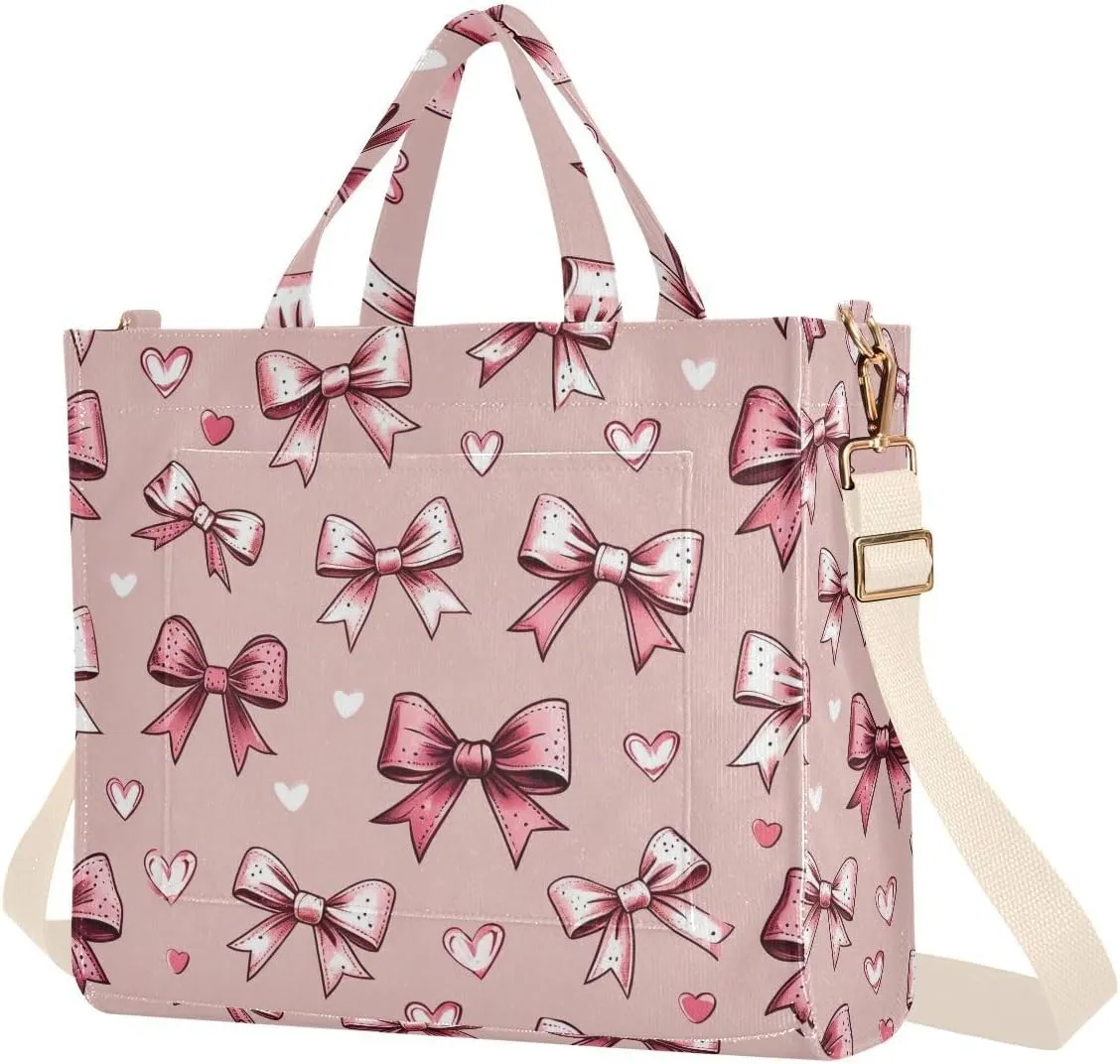 Bows and Hearts Corduroy Tote Bag for Women Hobo Crossbody Bag Purse Stylish Shoulder Handbag Messenger Bags, S