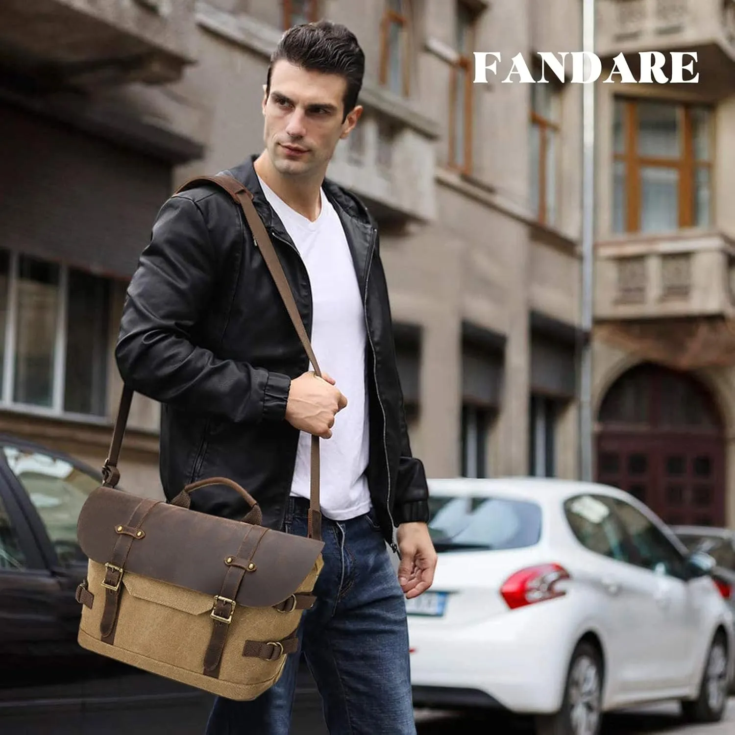 Briefcase for men Men's Messenger Bag Large Laptop Bag Waxed Canvas Briefcase Men's Shoulder Bags Laptop Work Document Bag for Work Travel Daily Use Multiple Pocket Khaki