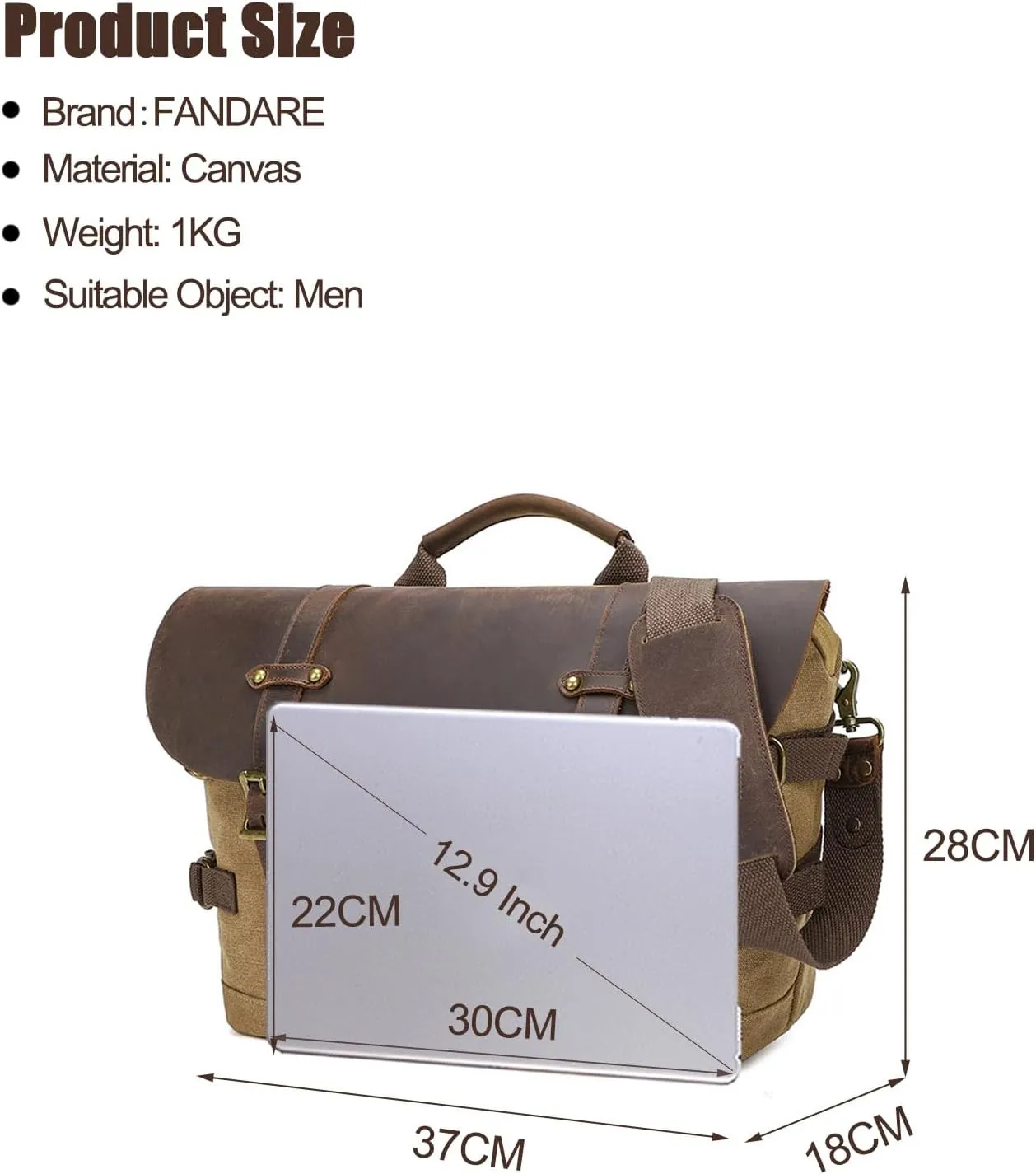 Briefcase for men Men's Messenger Bag Large Laptop Bag Waxed Canvas Briefcase Men's Shoulder Bags Laptop Work Document Bag for Work Travel Daily Use Multiple Pocket Khaki
