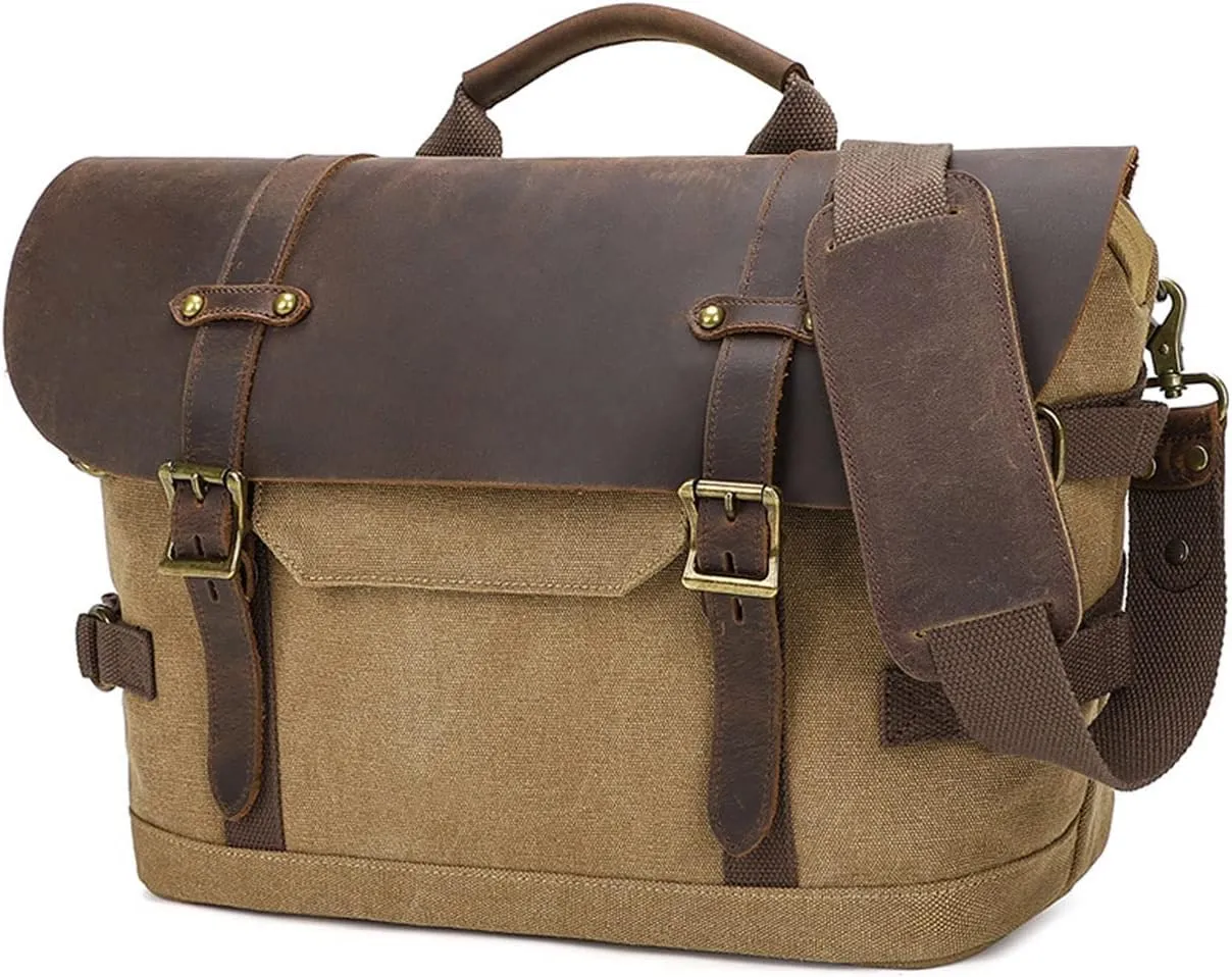 Briefcase for men Men's Messenger Bag Large Laptop Bag Waxed Canvas Briefcase Men's Shoulder Bags Laptop Work Document Bag for Work Travel Daily Use Multiple Pocket Khaki