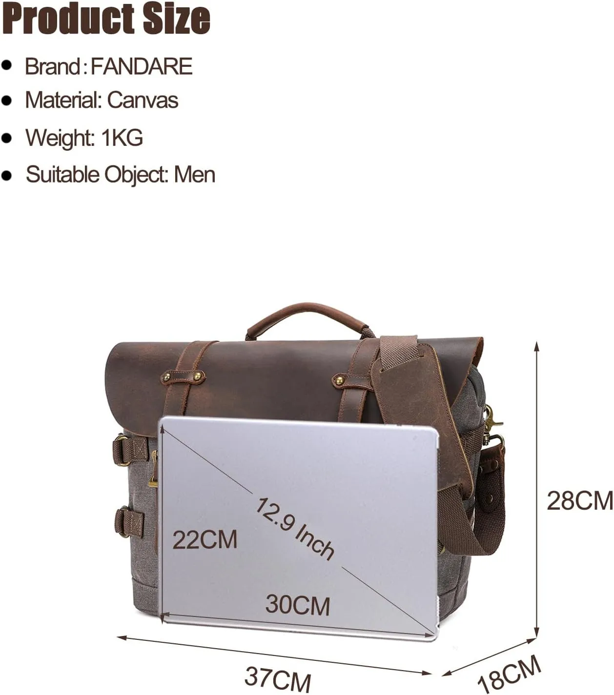 Briefcase for men Men's Messenger Bag Large Laptop Bag Waxed Canvas Briefcase Men's Shoulder Bags Laptop Work Document Bag for Work Travel Daily Use Multiple Pocket Light Gray
