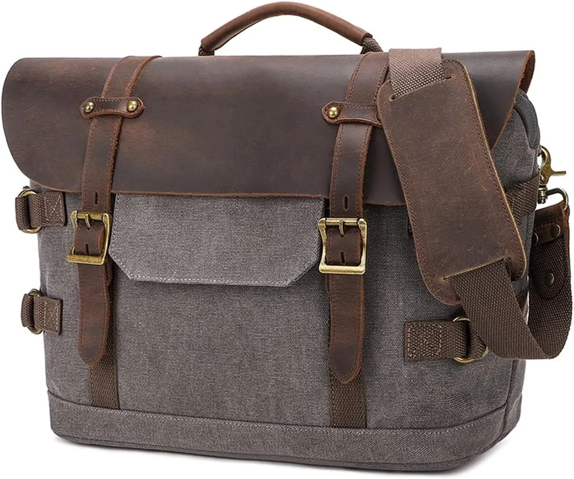 Briefcase for men Men's Messenger Bag Large Laptop Bag Waxed Canvas Briefcase Men's Shoulder Bags Laptop Work Document Bag for Work Travel Daily Use Multiple Pocket Light Gray