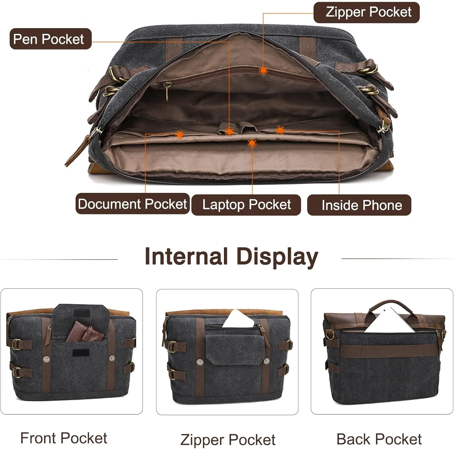 Briefcase for men Men's Messenger Bag Large Laptop Bag Waxed Canvas Briefcase Men's Shoulder Bags Laptop Work Document Bag for Work Travel Daily Use Multiple Pocket Light Gray