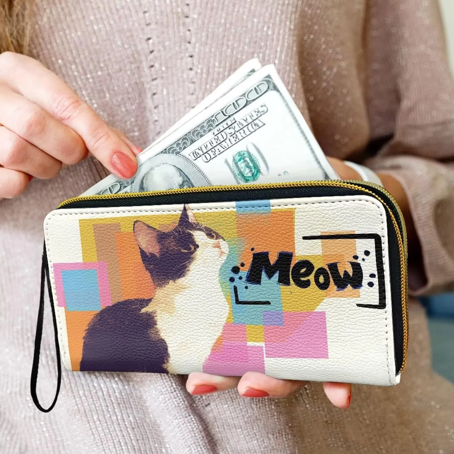 Cat Painting Wallets for Women, Abstract Modern Paint Colorblock Zipper Long Wallet Clutch with Coin Pocket, Kitty Cats Printed Ladies Long Purse Credit Card Holder