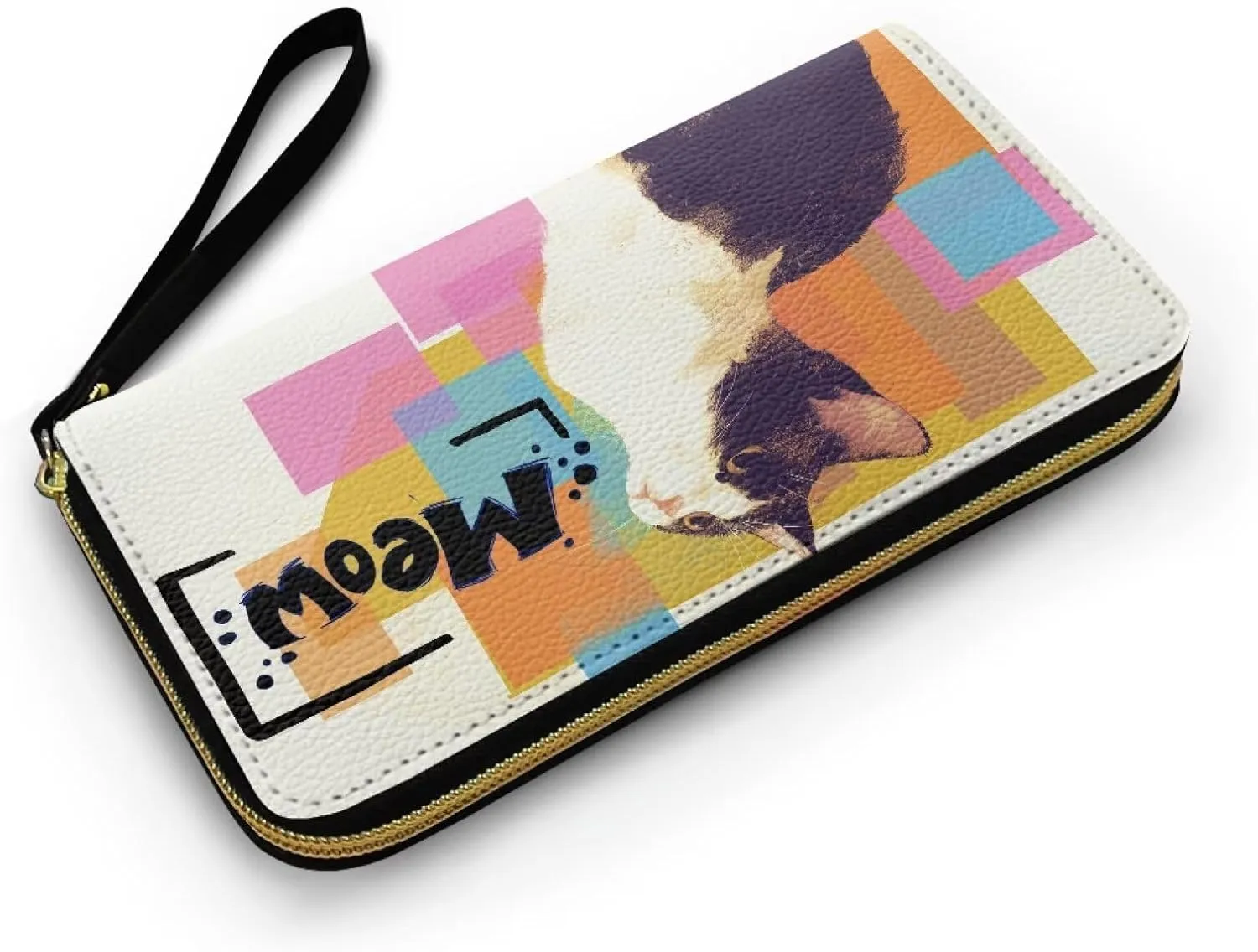 Cat Painting Wallets for Women, Abstract Modern Paint Colorblock Zipper Long Wallet Clutch with Coin Pocket, Kitty Cats Printed Ladies Long Purse Credit Card Holder