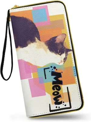 Cat Painting Wallets for Women, Abstract Modern Paint Colorblock Zipper Long Wallet Clutch with Coin Pocket, Kitty Cats Printed Ladies Long Purse Credit Card Holder
