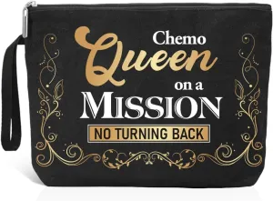Chemo Queen On A Mission Makeup Bag, Funny Cosmetic Bag for Cancer Fighter, Breast Cancer Gifts for Women, End of Chemo Gifts for Women, Inspirational Gifts for Cancer Warrior
