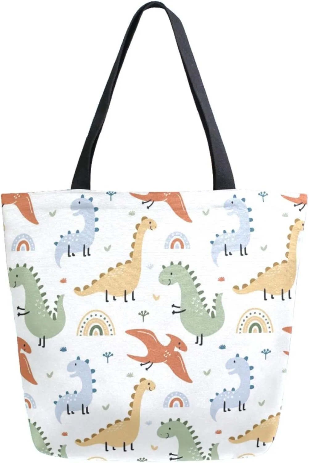 Chic Extra Large Shoulder Grocery Tote Bag, Cartoon Little Dinosaurs Rainbow Canvas Daily Handle Bag for Gym Yoga Weekender Beach Travel Picnic Kitchen Reusable Market Shopping