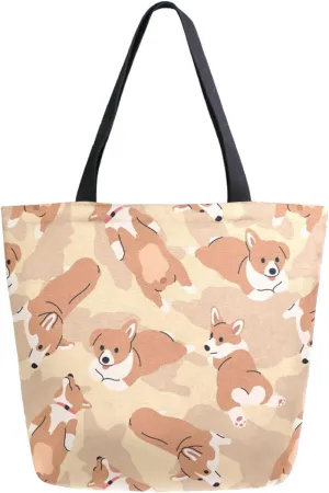 Chic Extra Large Shoulder Grocery Tote Bag, Cartoon Lovely Corgi Floral Beige Canvas Daily Handle Bag for Gym Yoga Weekender Beach Travel Picnic Kitchen Reusable Market Shopping