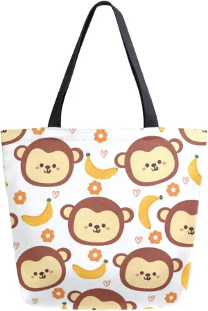 Chic Extra Large Shoulder Grocery Tote Bag, Cartoon Monkey Banana Flowers Canvas Daily Handle Bag for Gym Yoga Weekender Beach Travel Picnic Kitchen Reusable Market Shopping