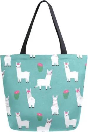 Chic Extra Large Shoulder Grocery Tote Bag, Cute Llamas Cactus Green Canvas Daily Handle Bag for Gym Yoga Weekender Beach Travel Picnic Kitchen Reusable Market Shopping