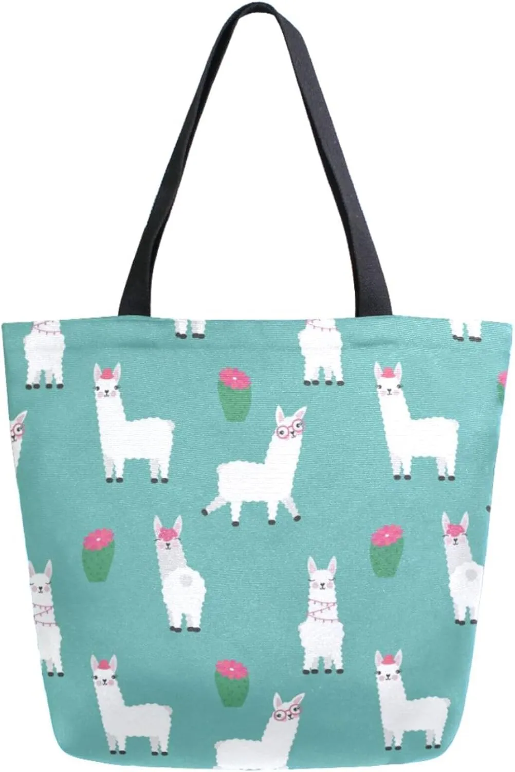 Chic Extra Large Shoulder Grocery Tote Bag, Cute Llamas Cactus Green Canvas Daily Handle Bag for Gym Yoga Weekender Beach Travel Picnic Kitchen Reusable Market Shopping