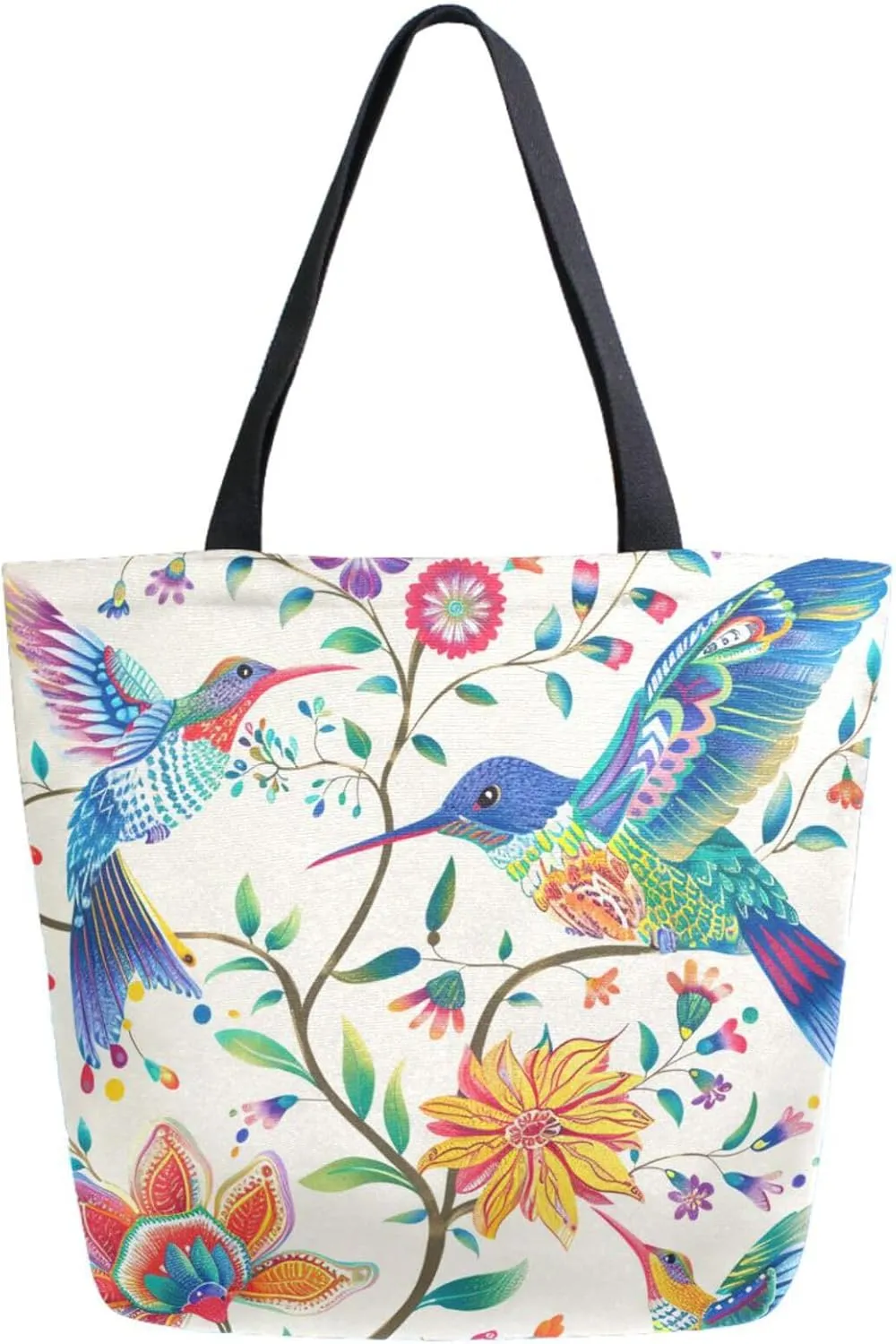 Chic Extra Large Shoulder Grocery Tote Bag, Ethnic Flowers Hummingbirds Canvas Daily Gym Weekender Beach Travel Kitchen Reusable Market Shopping Handle Bag