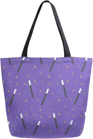 Chic Extra Large Shoulder Grocery Tote Bag, Magic Wand Stars Purple Floral Canvas Daily Handle Bag for Gym Yoga Weekender Beach Travel Picnic Kitchen Reusable Market Shopping