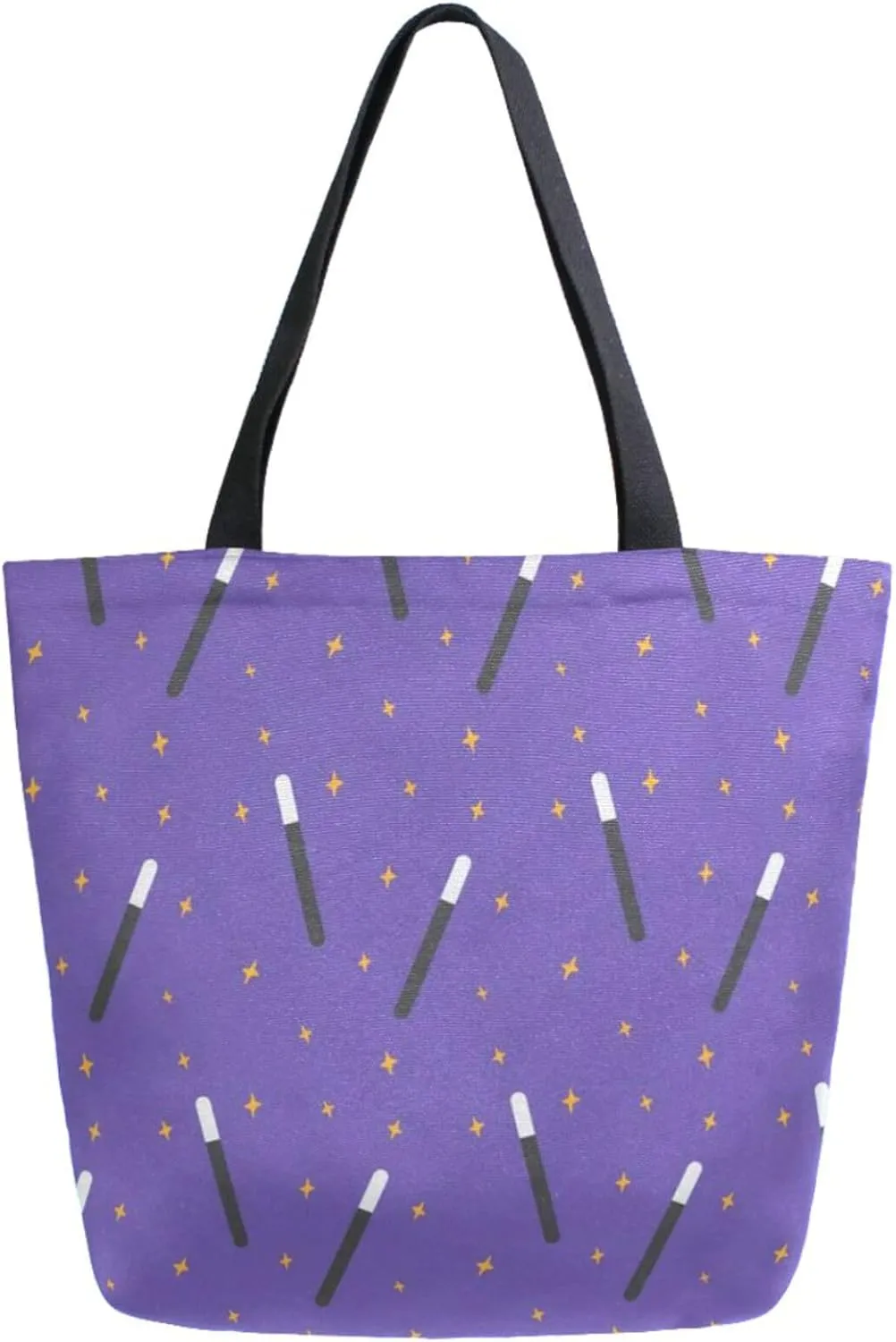 Chic Extra Large Shoulder Grocery Tote Bag, Magic Wand Stars Purple Floral Canvas Daily Handle Bag for Gym Yoga Weekender Beach Travel Picnic Kitchen Reusable Market Shopping