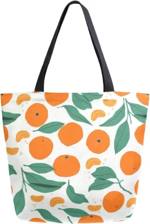 Chic Extra Large Shoulder Grocery Tote Bag, Mandarin Fruits Slices Leaves Canvas Daily Handle Bag for Gym Yoga Weekender Beach Travel Picnic Kitchen Reusable Market Shopping