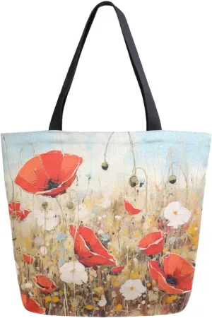 Chic Extra Large Shoulder Grocery Tote Bag, Spring Red Poppy Flowers Field Painting Art Canvas Daily Gym Weekender Beach Travel Kitchen Reusable Market Shopping Handle Bag