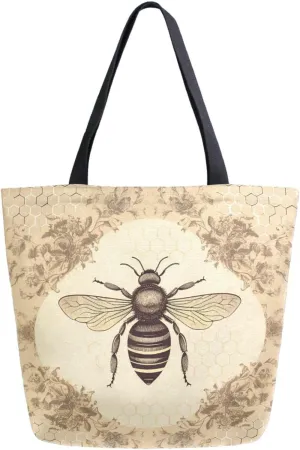 Chic Extra Large Shoulder Grocery Tote Bag, Vintage Flowers Bee Silhouette Canvas Daily Gym Weekender Beach Travel Kitchen Reusable Market Shopping Handle Bag