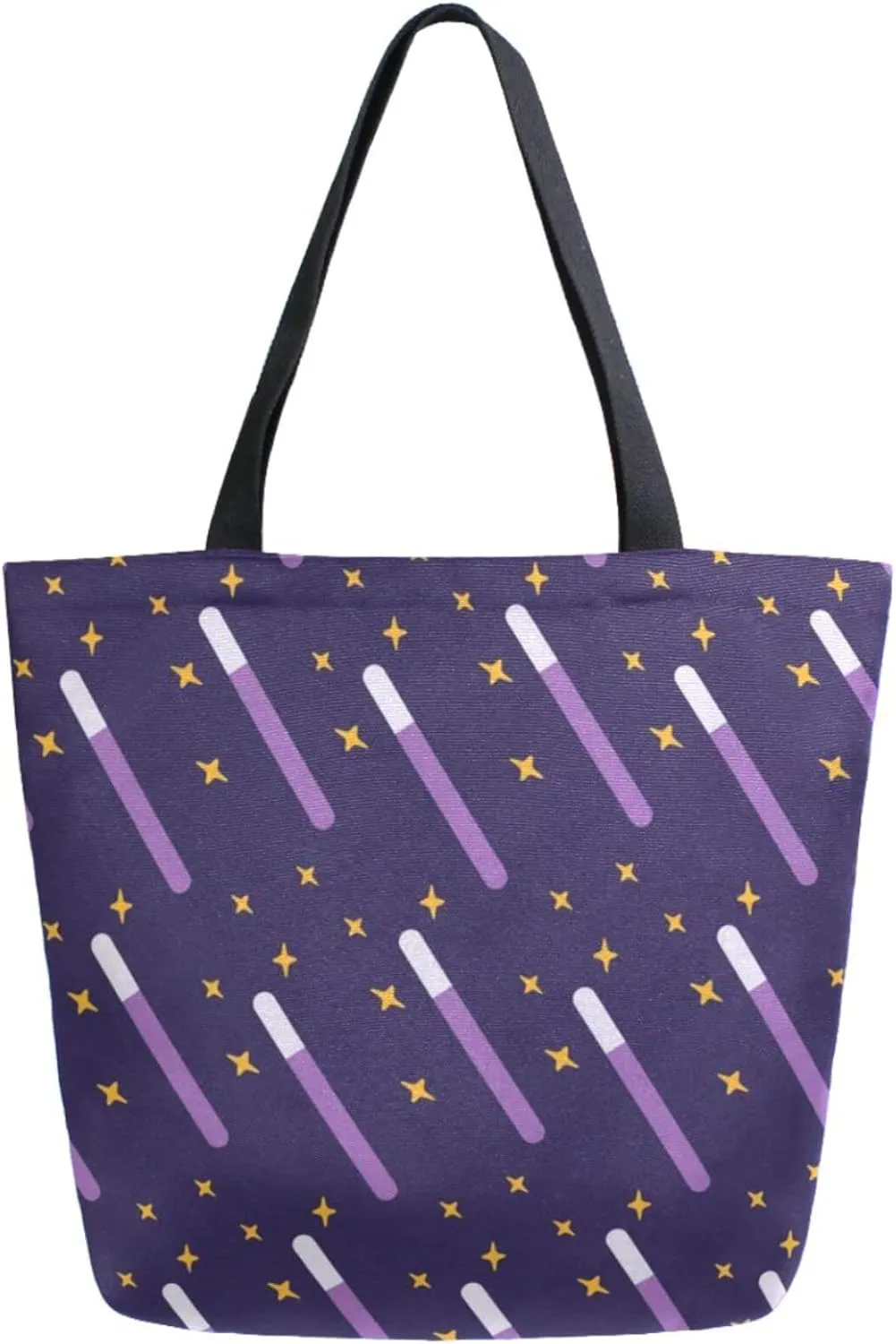 Chic Extra Large Shoulder Grocery Tote Bag, Violet Mystical Wands Stars Floral Canvas Daily Handle Bag for Gym Yoga Weekender Beach Travel Picnic Kitchen Reusable Market Shopping