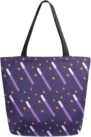 Chic Extra Large Shoulder Grocery Tote Bag, Violet Mystical Wands Stars Floral Canvas Daily Handle Bag for Gym Yoga Weekender Beach Travel Picnic Kitchen Reusable Market Shopping