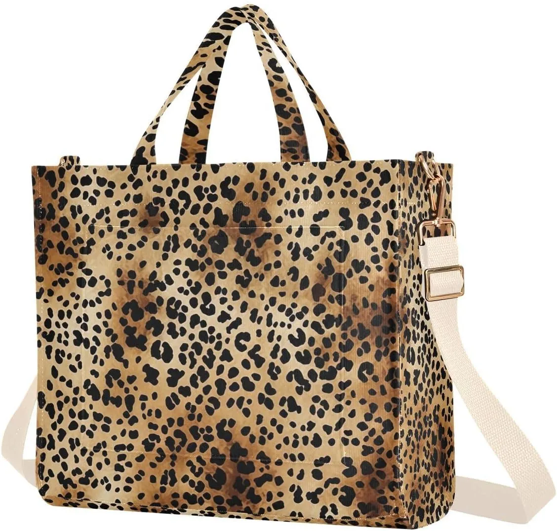 Classic Leopard Print Corduroy Tote Bag for Women Hobo Crossbody Bag Purse Stylish Shoulder Handbag Messenger Bags, S