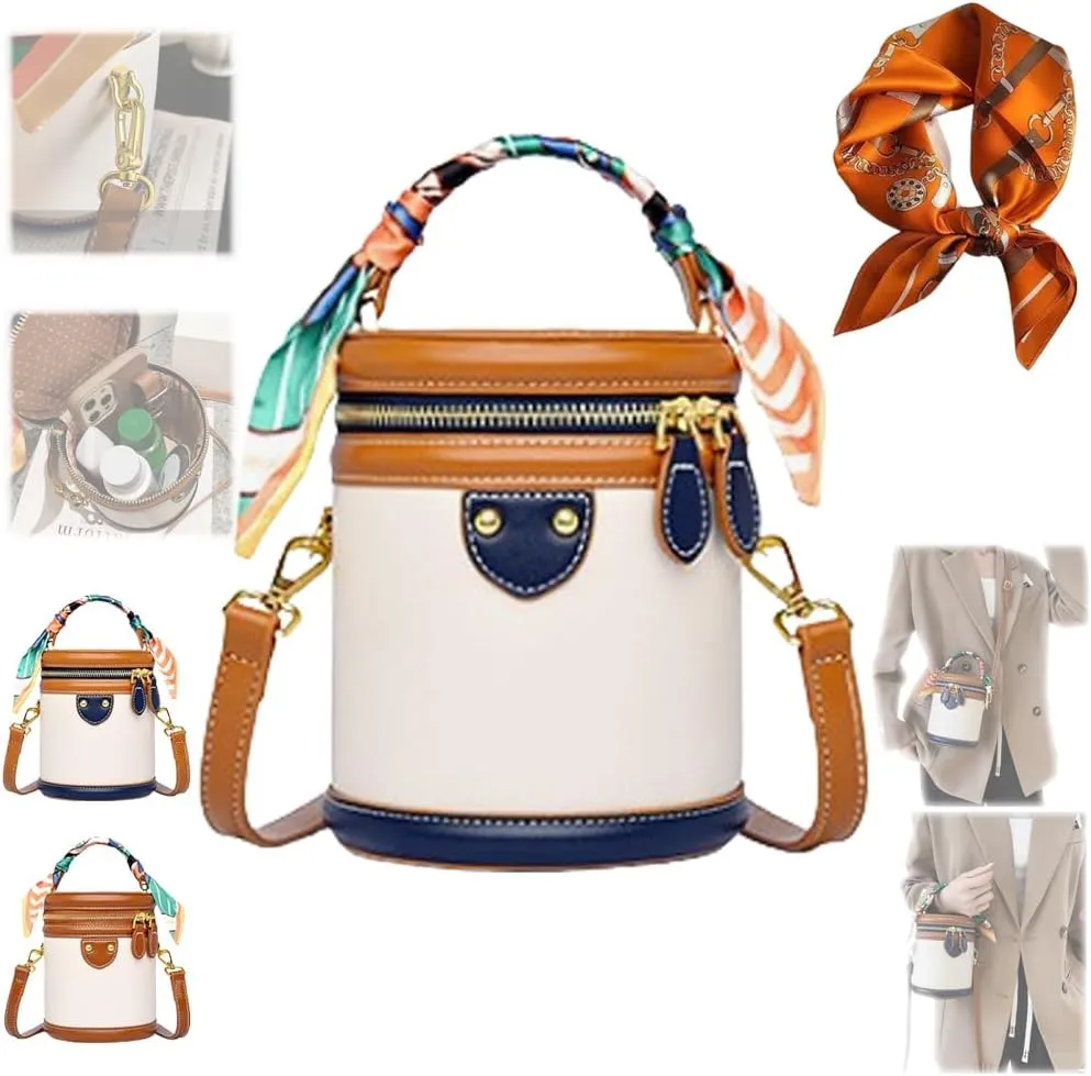 Colorblock Bucket Bag for Women Summer Niche Design Cylinder Bag Leather Bucket Handbag Fashionable Crossbody Bag