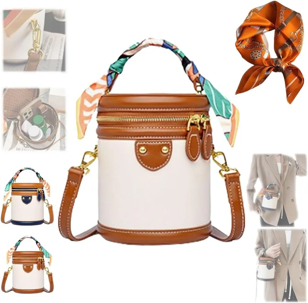 Colorblock Bucket Bag for Women Summer Niche Design Cylinder Bag Leather Bucket Handbag Fashionable Crossbody Bag