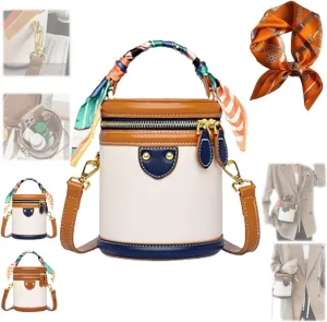 Colorblock Bucket Bag for Women Summer Niche Design Cylinder Bag Leather Bucket Handbag Fashionable Crossbody Bag
