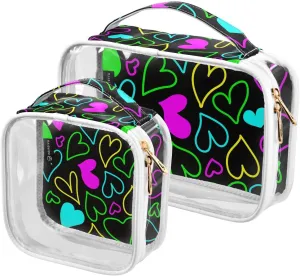 Colorful Hearts Black 2 Pieces Clear Makeup Cosmetic Bags for Traveling Vacation Organizing, Toiletry Bags for Women Men, PVC Waterproof Travel Organizer