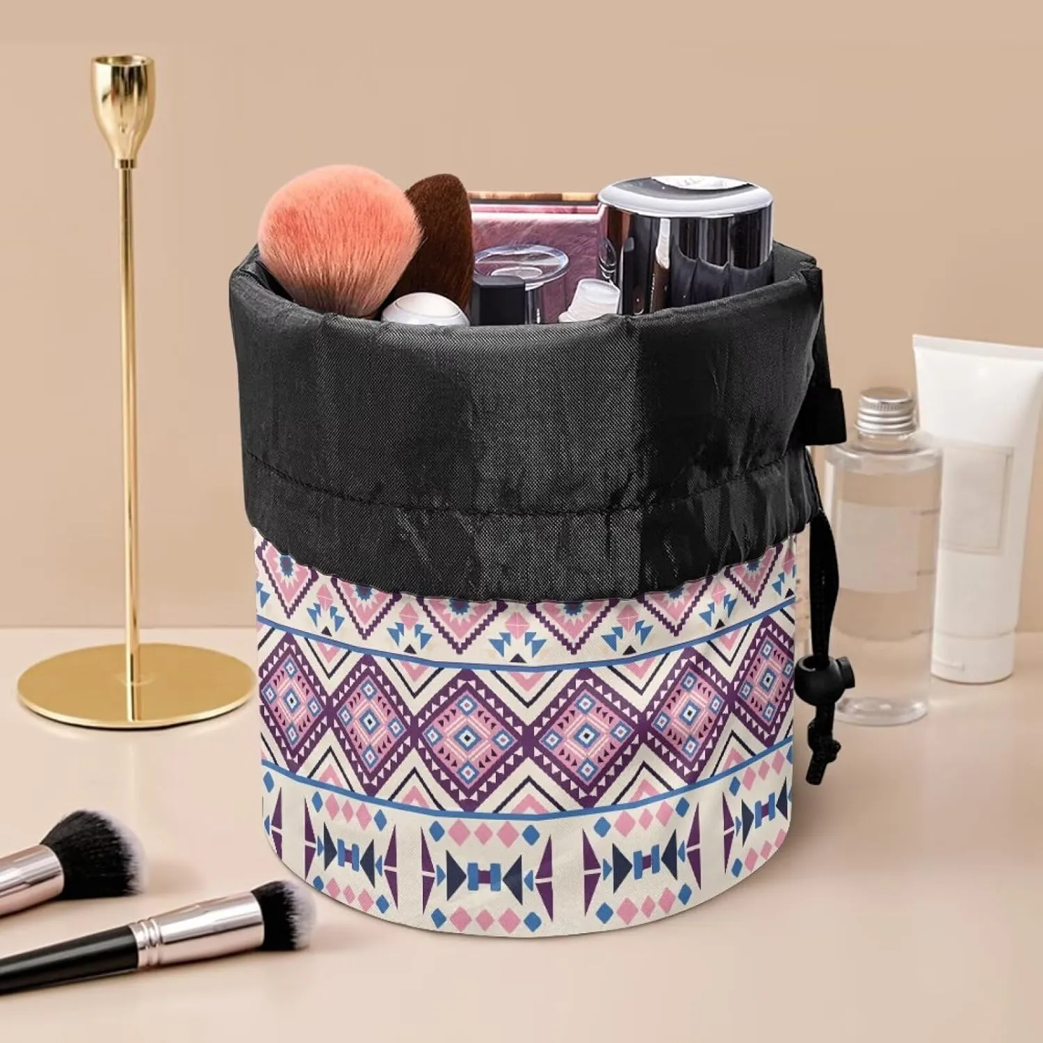 Cosmetic Bag Travel Toiletry Bag for Women Drawstring Pouch Large Makeup Bag Aztecs Style Print Makeup Organizer Bag Purple