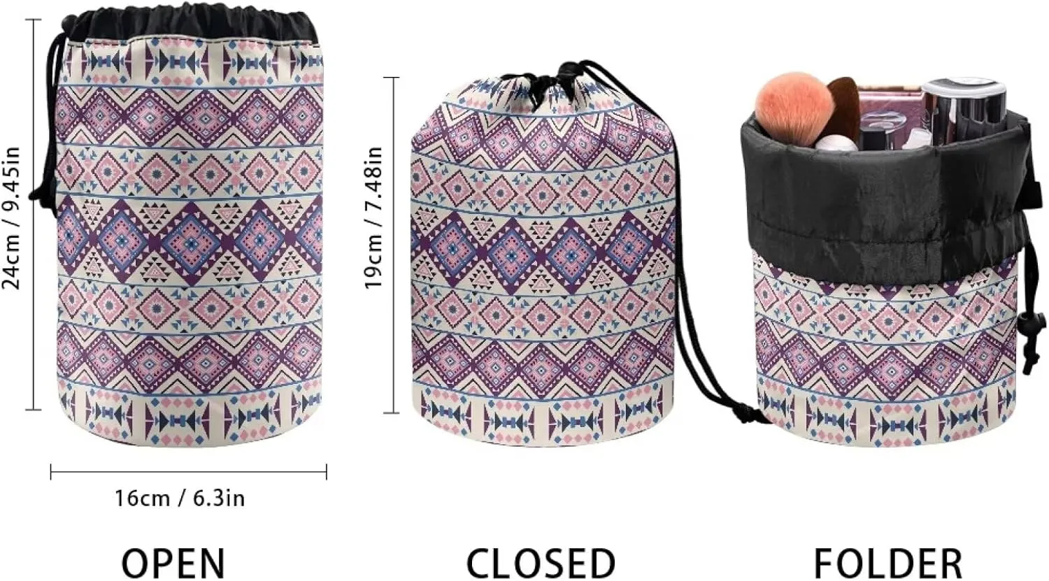 Cosmetic Bag Travel Toiletry Bag for Women Drawstring Pouch Large Makeup Bag Aztecs Style Print Makeup Organizer Bag Purple