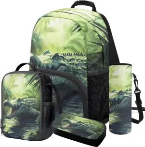 Crocodile Backpack Large 17 Inch Boys Bookbag Age 6-8 with Lunch Box 4 Piece Versatile School Knapsack Lightweight Lunch Bag with Shoulder Strap