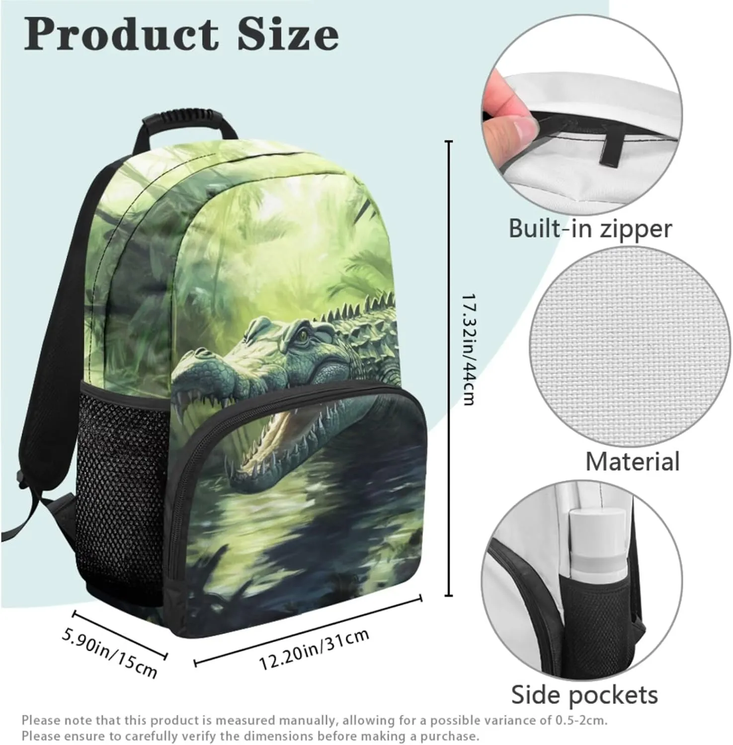 Crocodile Backpack Large 17 Inch Boys Bookbag Age 6-8 with Lunch Box 4 Piece Versatile School Knapsack Lightweight Lunch Bag with Shoulder Strap