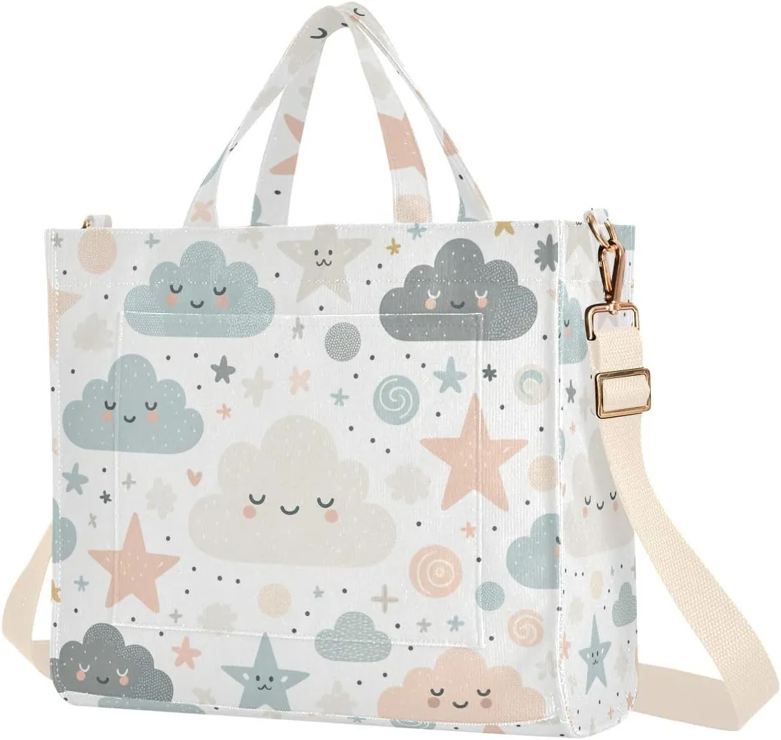 Cute Clouds Stars Corduroy Tote Bag for Women Hobo Crossbody Bag Purse Stylish Shoulder Handbag Messenger Bags, S