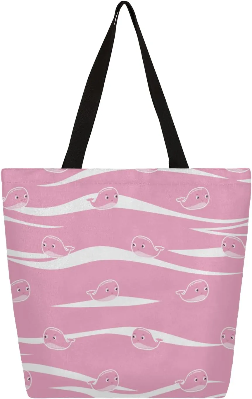 Cute Dolphins Large Capacity Canvas Tote Bag Stylish Handheld Shoulder Bag Reusable Shopping Bag for Work Travel Beach Trips Shopping