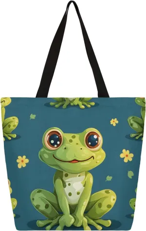 Cute Frog Flower Large Capacity Canvas Tote Bag Stylish Handheld Shoulder Bag Reusable Shopping Bag for Work Travel Beach Trips Shopping