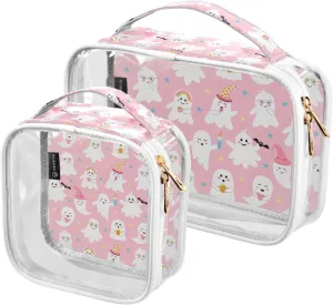 Cute-pink-halloween-ghost-print 2 Pieces Clear Makeup Cosmetic Bags for Traveling Vacation Organizing, Toiletry Bags for Women Men, PVC Waterproof Travel Organizer
