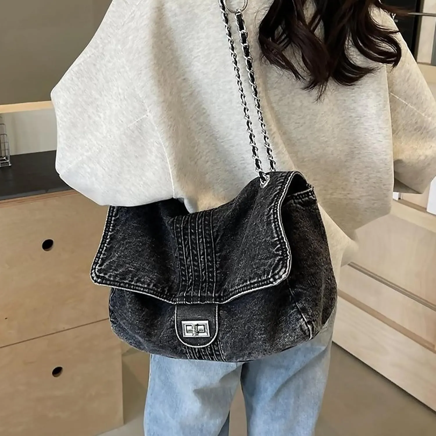 Denim Purse for Women Jean Purses Tote Bag for Womens Handbags Work Bags Jean Shoulder Bag Trendy Crossbody Bags