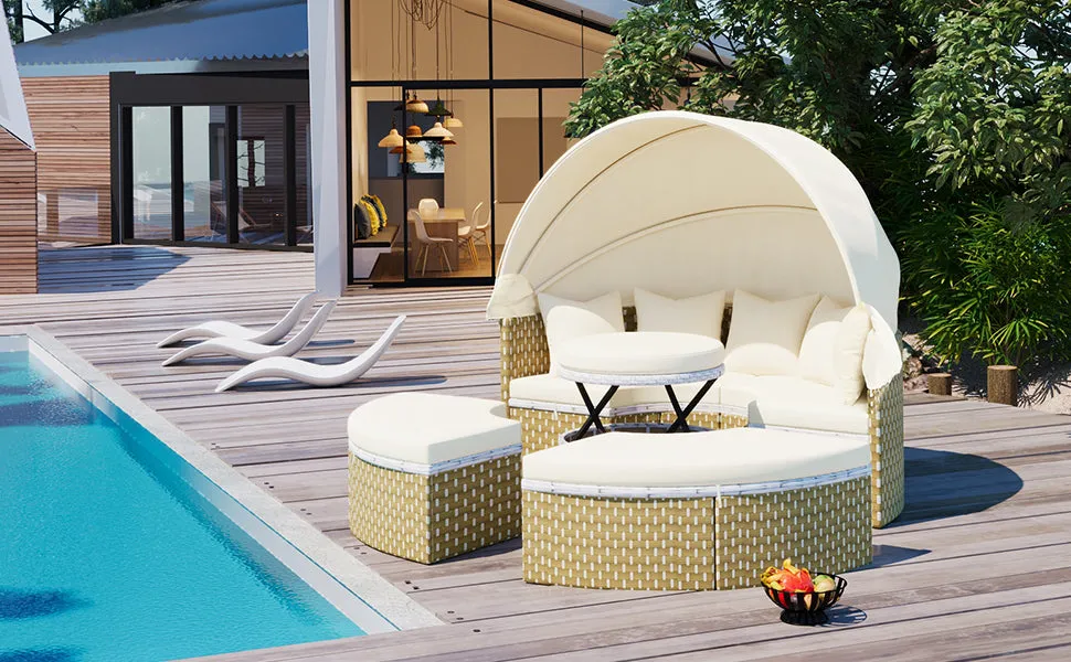 Elecwish Patio Furniture Round Outdoor Sectional Sofa Set Rattan Daybed Two-Tone Weave Sunbed with Retractable Canopy, Separate Seating and Removable Cushion, Beige