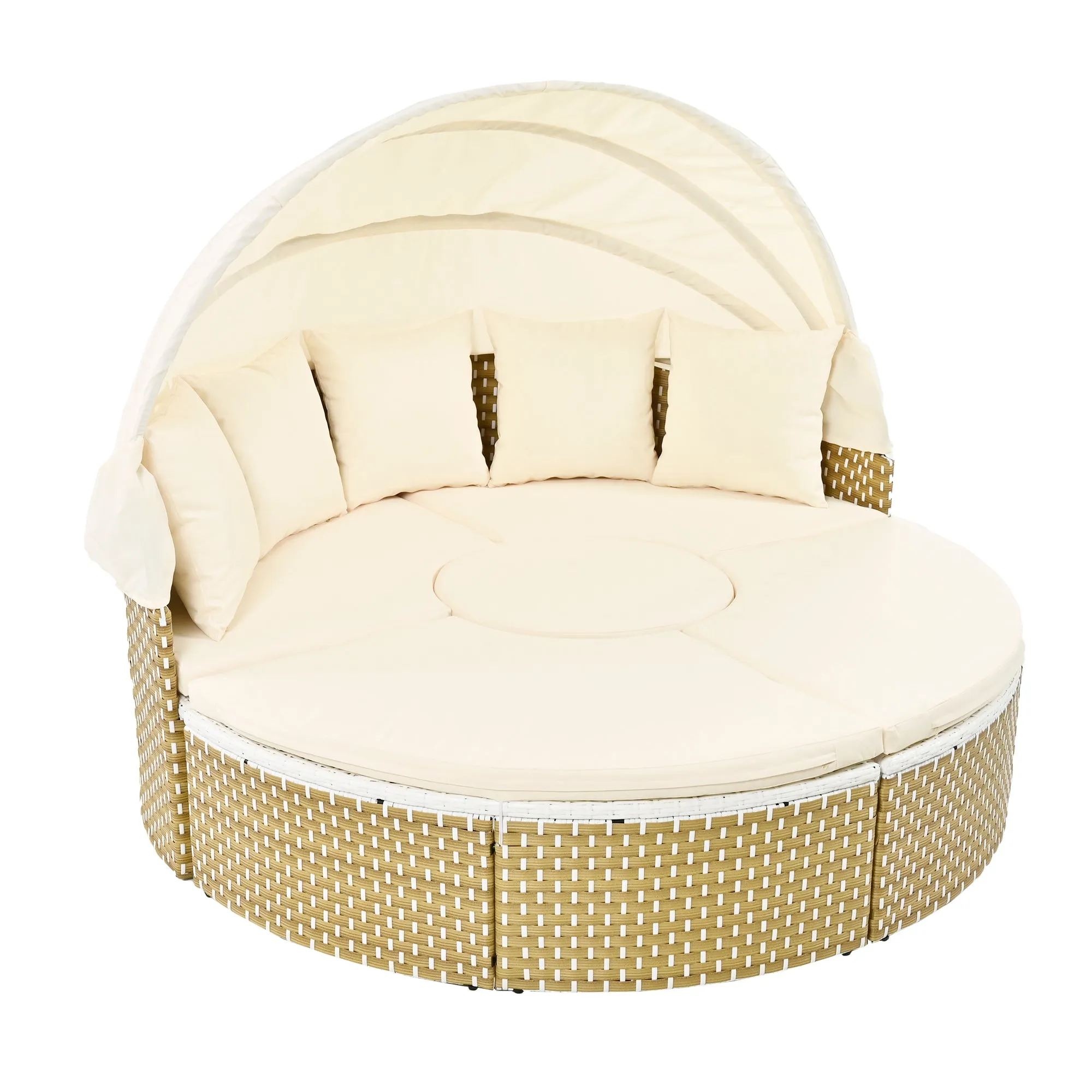 Elecwish Patio Furniture Round Outdoor Sectional Sofa Set Rattan Daybed Two-Tone Weave Sunbed with Retractable Canopy, Separate Seating and Removable Cushion, Beige