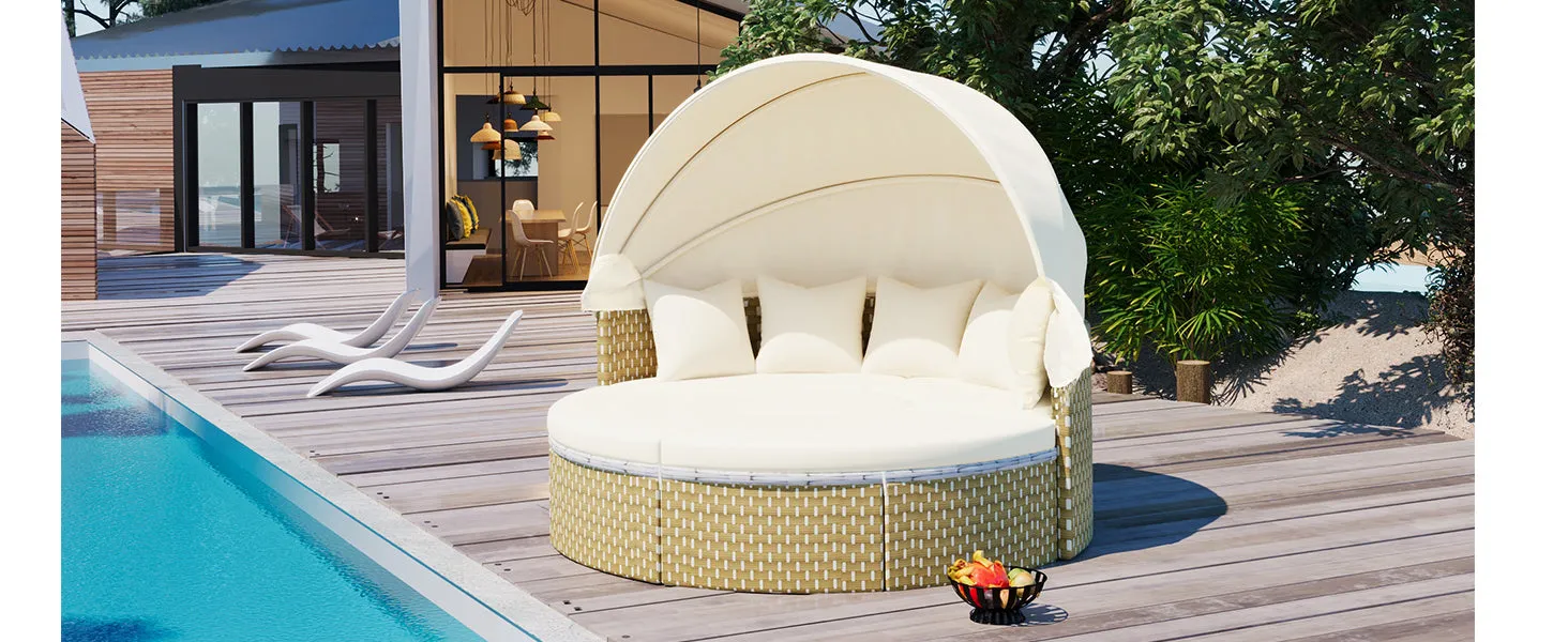 Elecwish Patio Furniture Round Outdoor Sectional Sofa Set Rattan Daybed Two-Tone Weave Sunbed with Retractable Canopy, Separate Seating and Removable Cushion, Beige