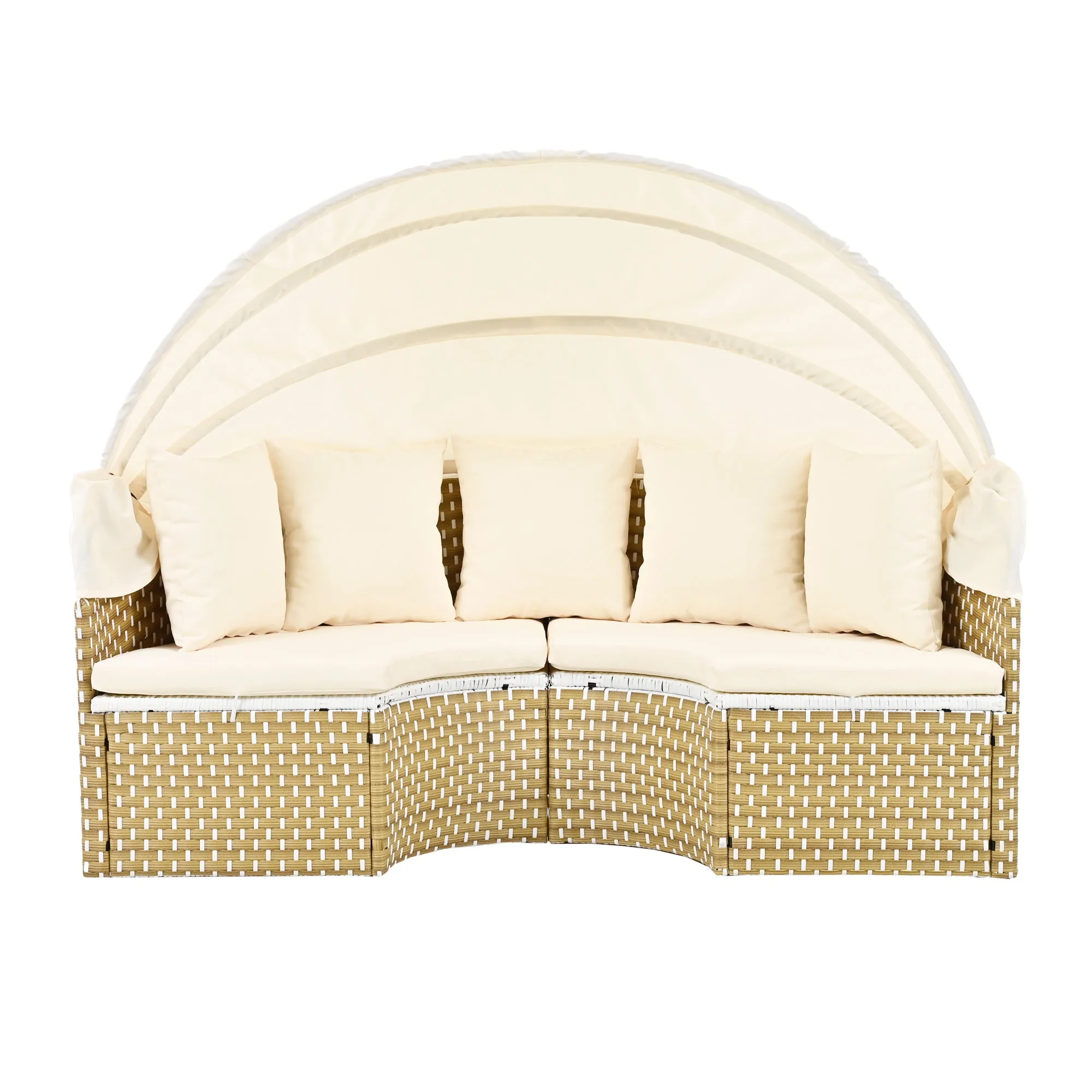 Elecwish Patio Furniture Round Outdoor Sectional Sofa Set Rattan Daybed Two-Tone Weave Sunbed with Retractable Canopy, Separate Seating and Removable Cushion, Beige
