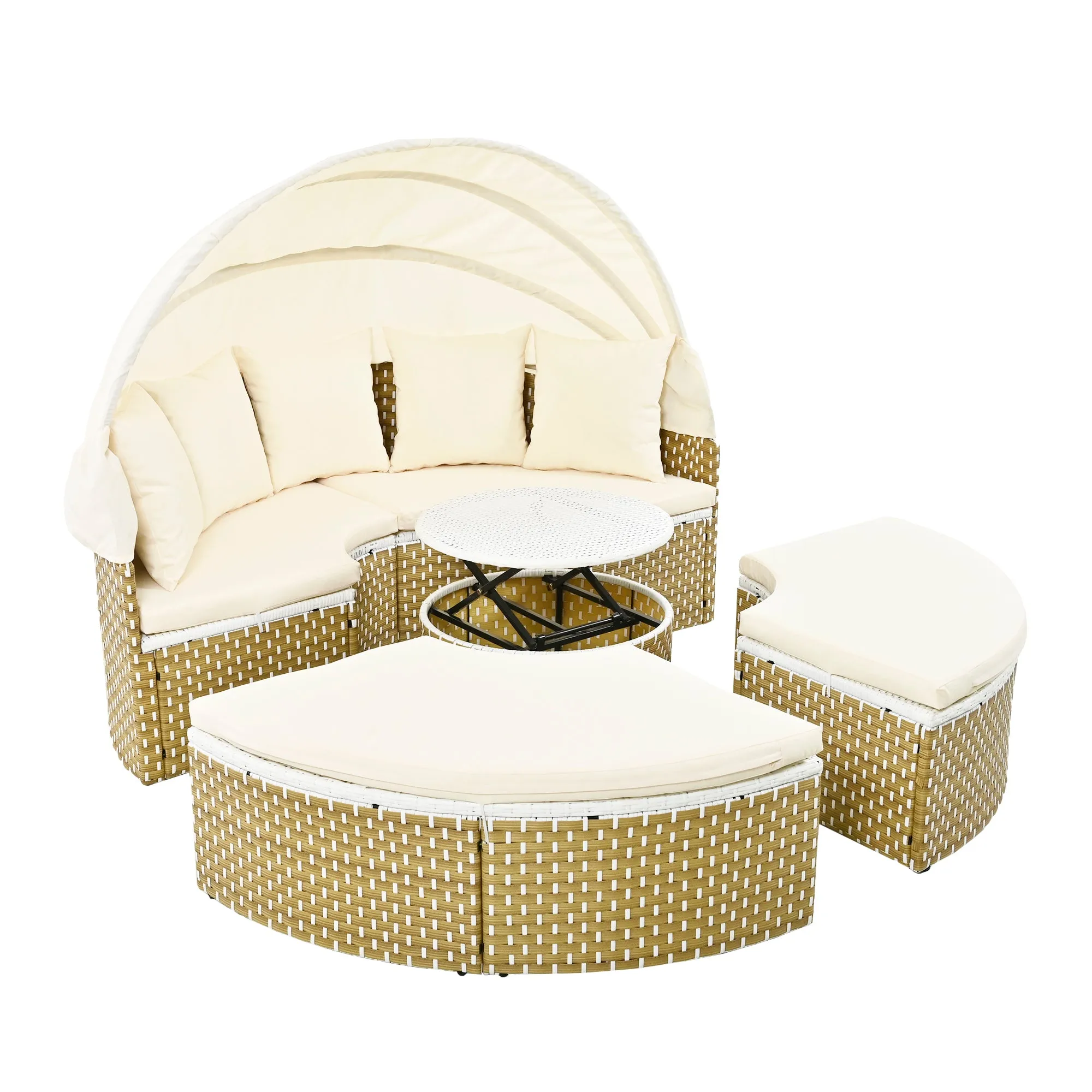 Elecwish Patio Furniture Round Outdoor Sectional Sofa Set Rattan Daybed Two-Tone Weave Sunbed with Retractable Canopy, Separate Seating and Removable Cushion, Beige