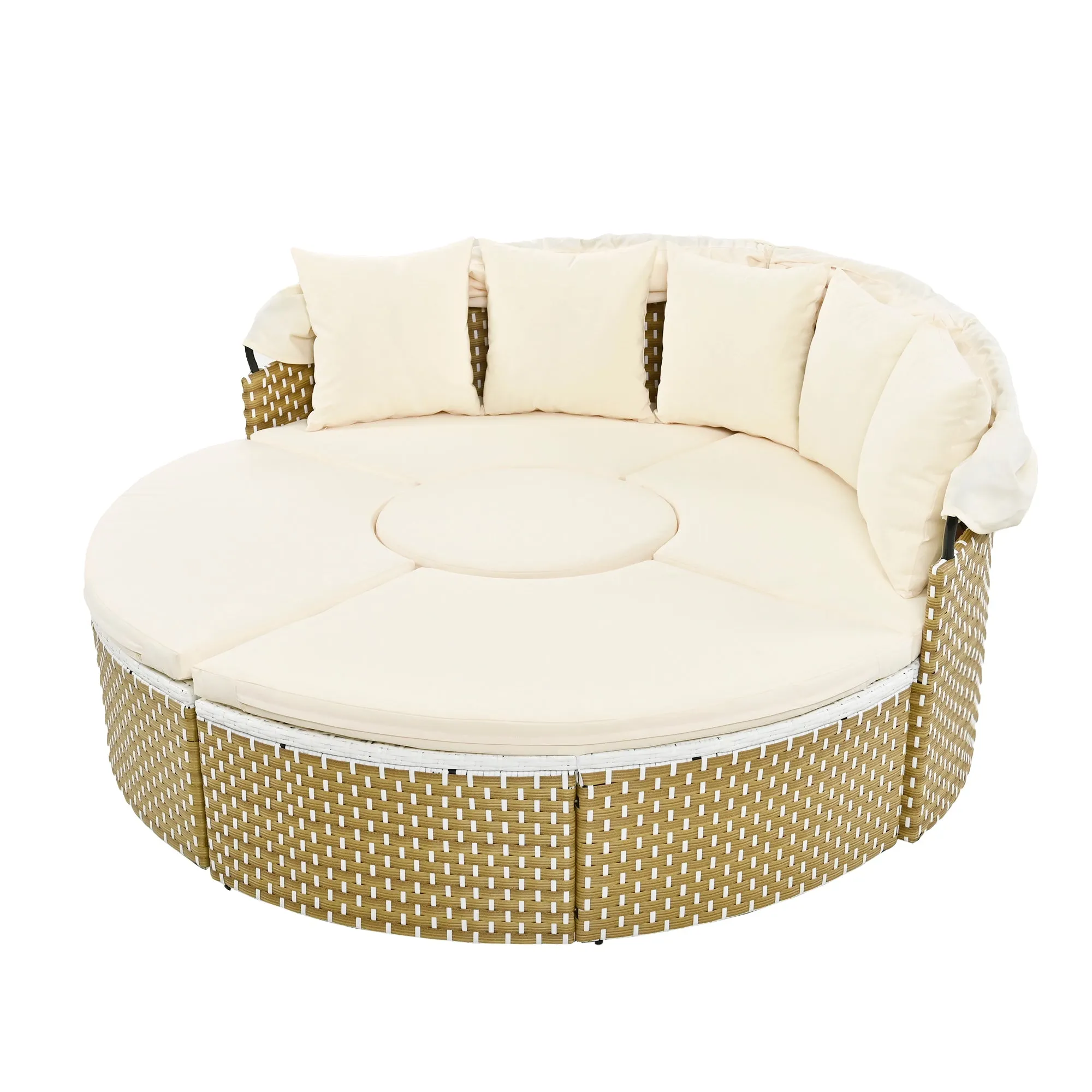 Elecwish Patio Furniture Round Outdoor Sectional Sofa Set Rattan Daybed Two-Tone Weave Sunbed with Retractable Canopy, Separate Seating and Removable Cushion, Beige