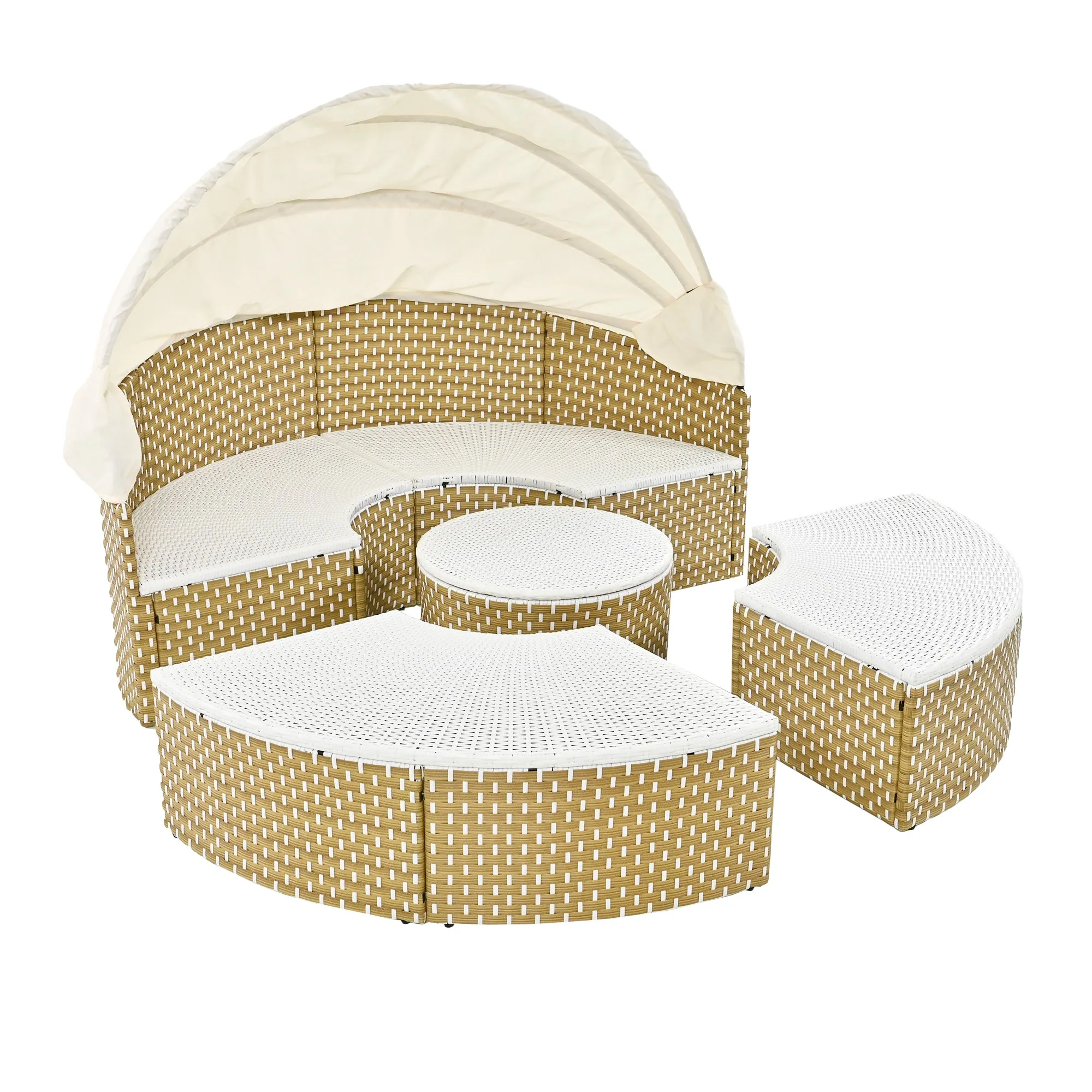 Elecwish Patio Furniture Round Outdoor Sectional Sofa Set Rattan Daybed Two-Tone Weave Sunbed with Retractable Canopy, Separate Seating and Removable Cushion, Beige