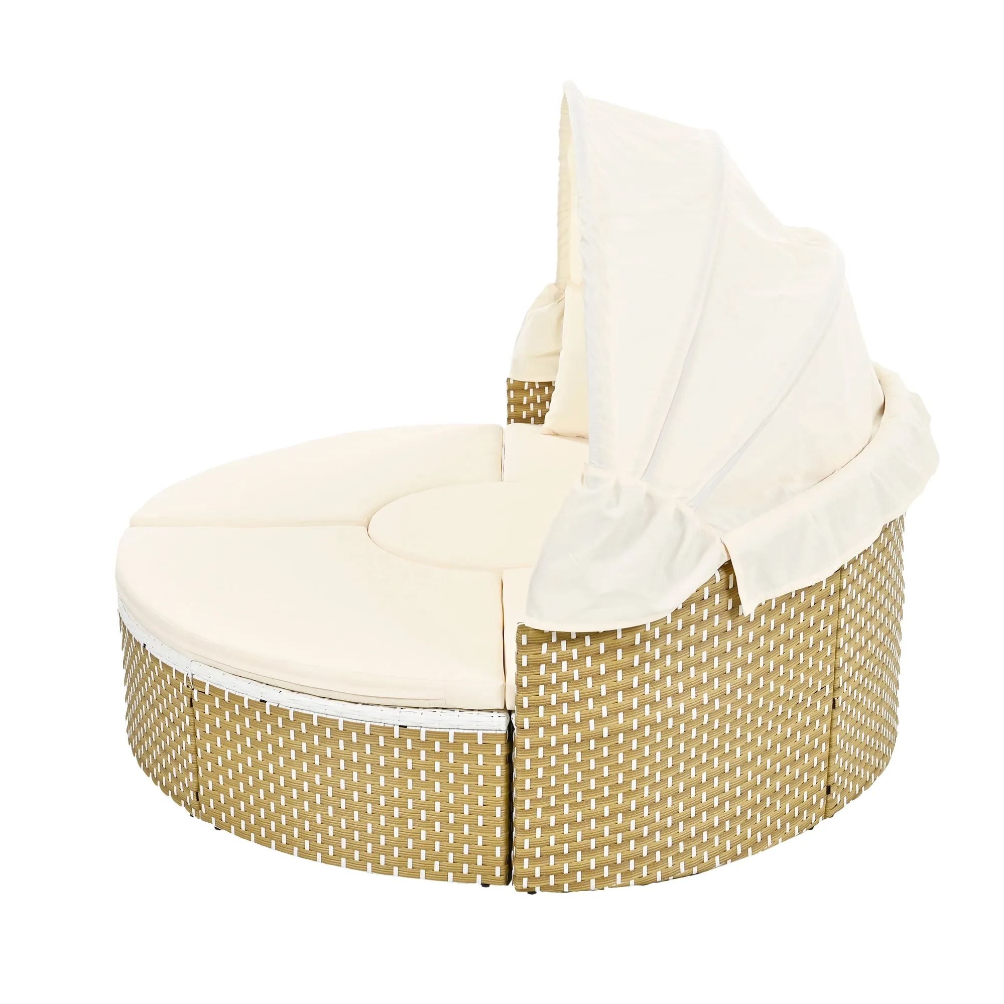 Elecwish Patio Furniture Round Outdoor Sectional Sofa Set Rattan Daybed Two-Tone Weave Sunbed with Retractable Canopy, Separate Seating and Removable Cushion, Beige
