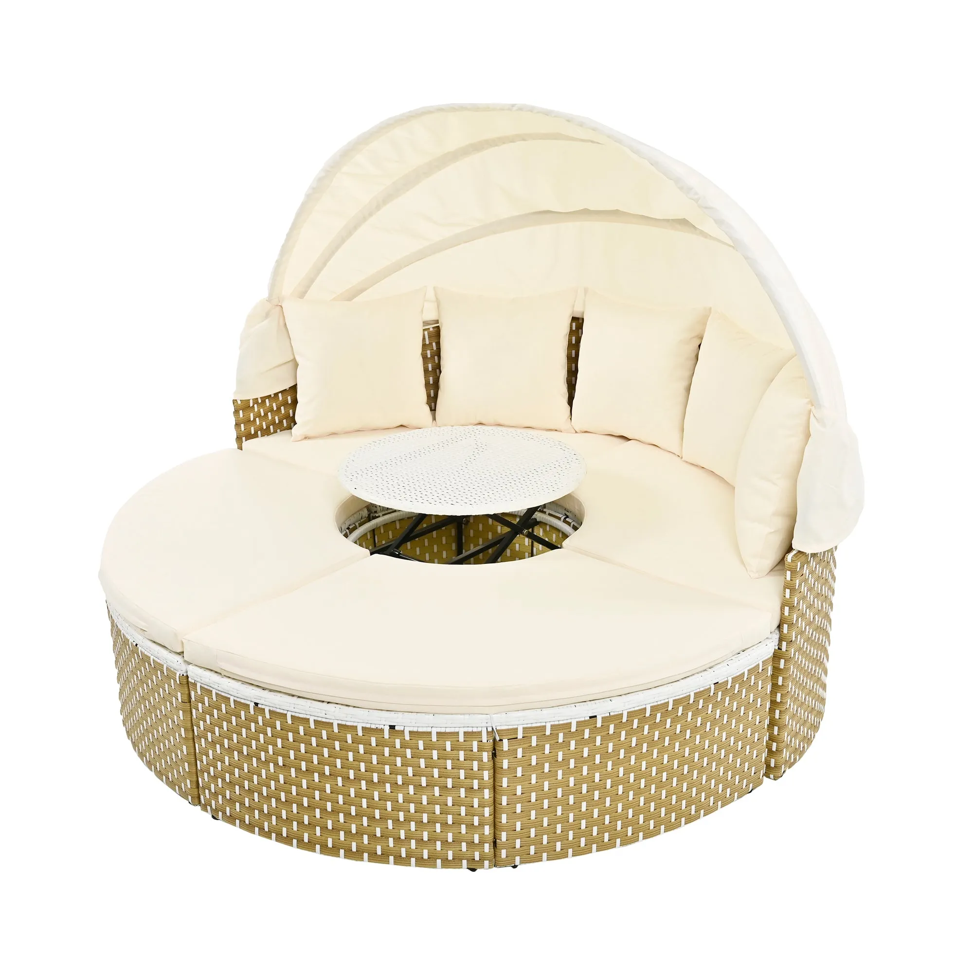Elecwish Patio Furniture Round Outdoor Sectional Sofa Set Rattan Daybed Two-Tone Weave Sunbed with Retractable Canopy, Separate Seating and Removable Cushion, Beige