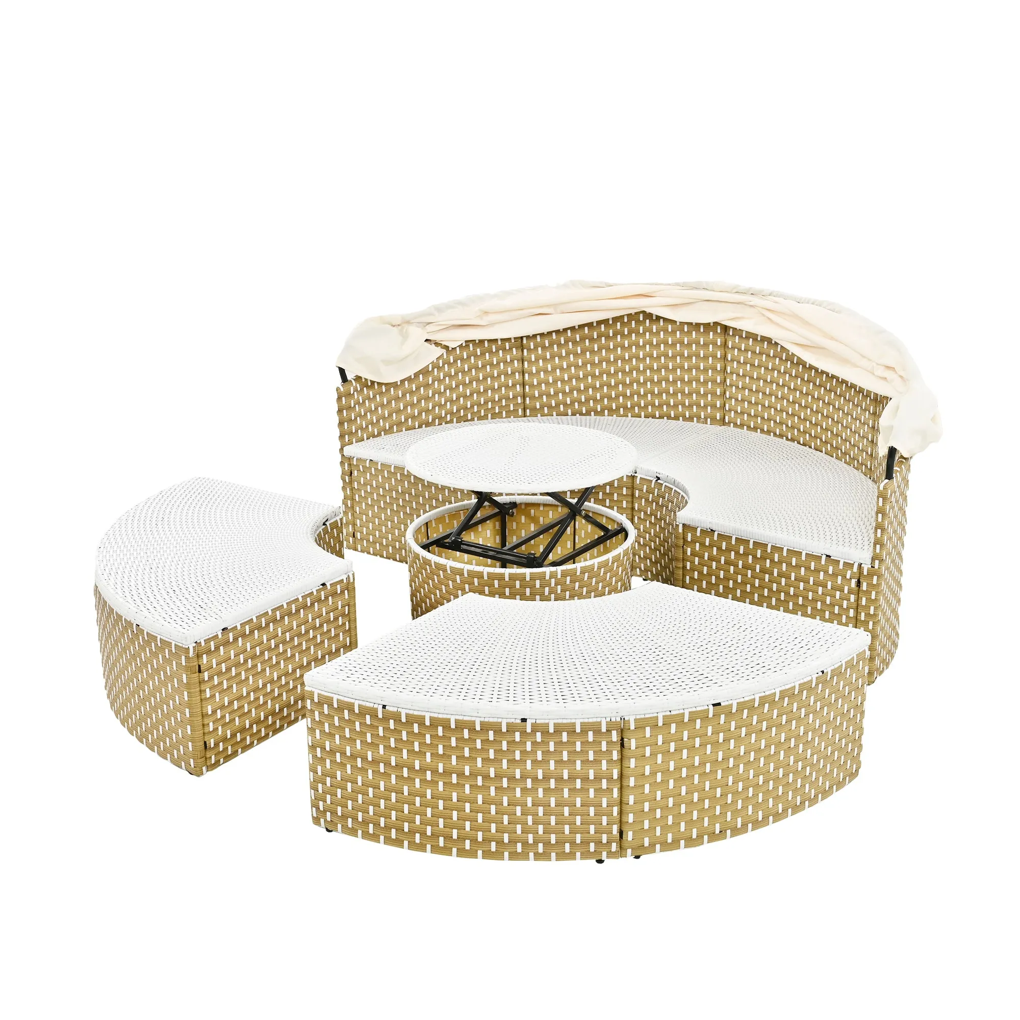 Elecwish Patio Furniture Round Outdoor Sectional Sofa Set Rattan Daybed Two-Tone Weave Sunbed with Retractable Canopy, Separate Seating and Removable Cushion, Beige