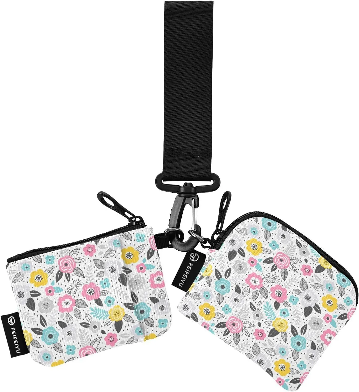 Elegant Blue Pink Yellow Modern Flowers Wristlet Keychain Wallets for Women Portable Small Coin Purse
